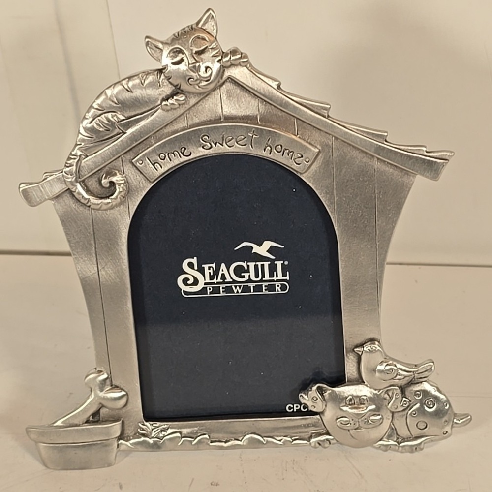 1997 Seagull Pewter Small Picture Frame Cat on Dog House Dog Bird Bowl‎ Bone